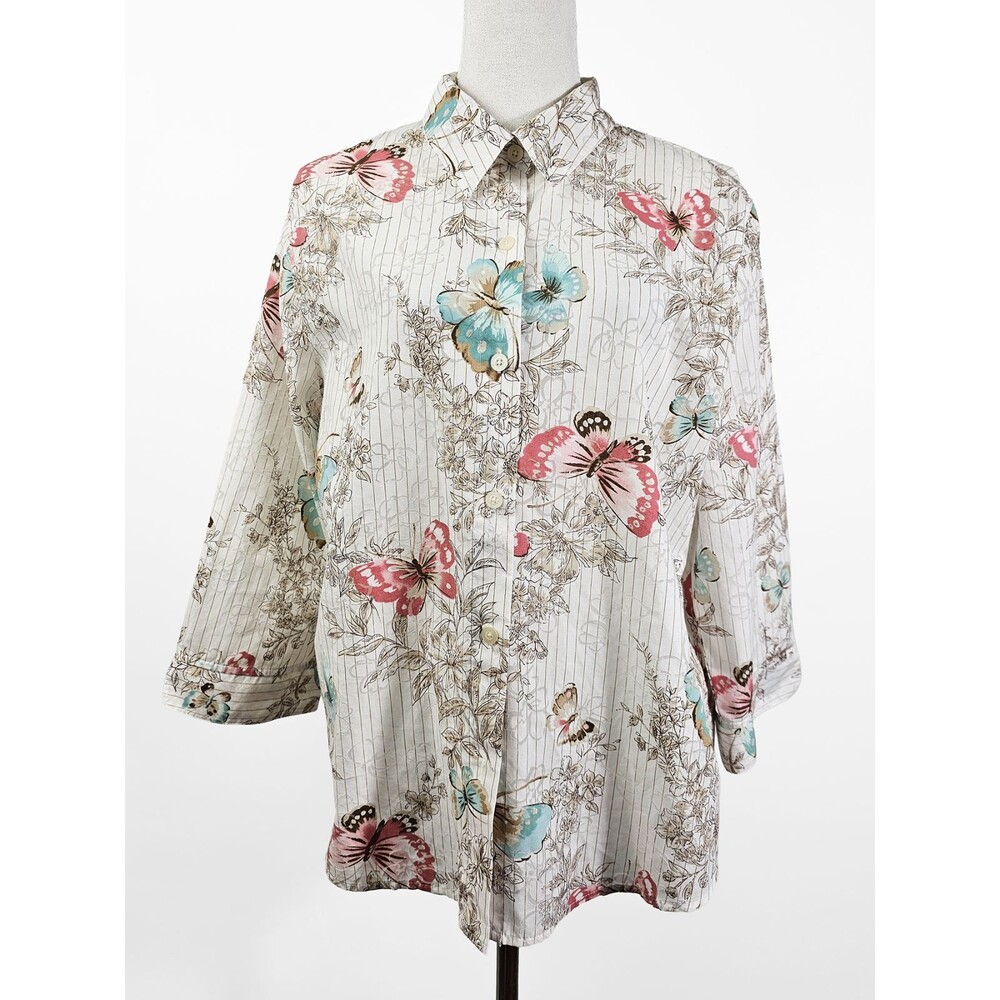 Alfred Dunner Size 18 Tan Butterfly Semi Sheer Button Down Blouse 3/4 Sleeve